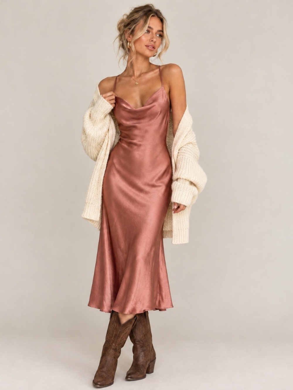 NWT WAYF The Beverly Cowl Neck Satin Midi Slip Dress Rose Pink Sz M Trendy